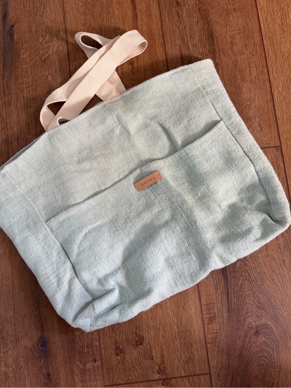 OVO Mint Canvas Tote with Cream Straps and Front Pocket